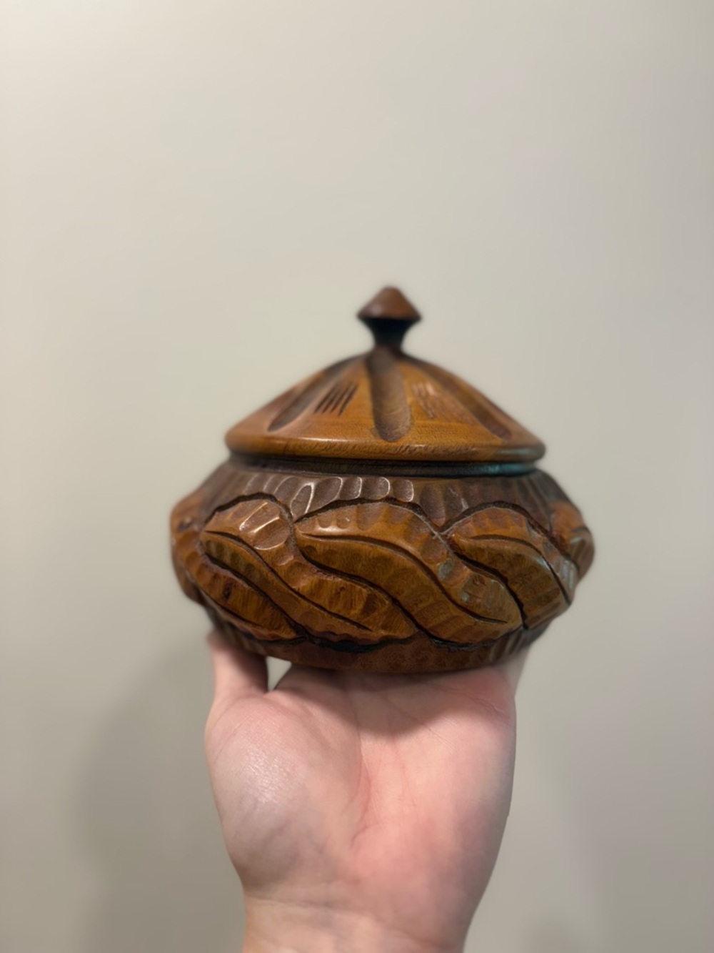 Hand-Carved Wooden Trinket Box in Warm Brown